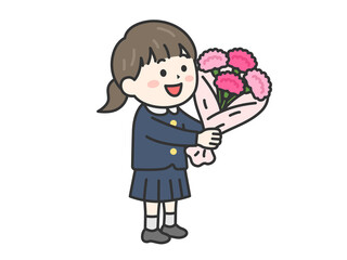 母の日に、カーネーションの花束をプレゼントする、小学生の女の子（線画カラー）のイラスト