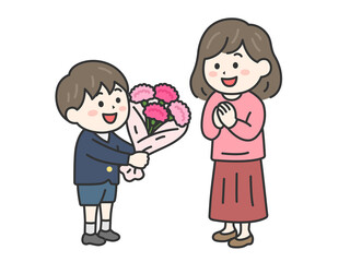 母の日に、カーネーションの花束を母親にプレゼントする、小学生の男の子（線画カラー）のイラスト
