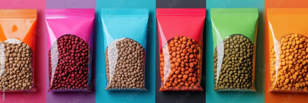 Poster sleek packaging mockups showcase colorful designs for dry and wet pet food in rows on a flat surface