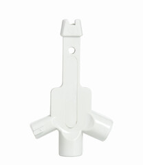 White plastic key tool for window or furniture locks, isolated on a white background, commonly used for security or assembly purposes.