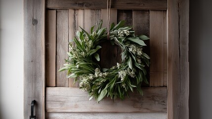 Wreath hanging on a wooden door. the wreath is made up of green leaves and small white flowers. the leaves are arranged in a circular pattern and are tied together with a string.