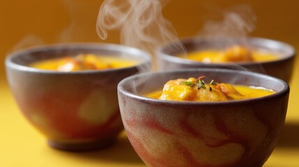 Three bowls of soup on a yellow background. the bowls are made of ceramic and have a red and orange color scheme.