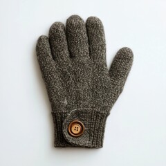 Dark grey wool glove with textured knit and wood button laid flat on clean light surface