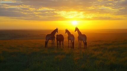 African Sunset: Giraffes Silhouetted Against a Golden Sky