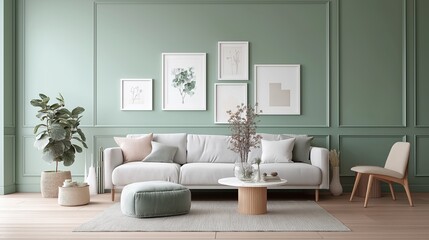 Modern living room with a light green color scheme. the walls are painted in a dark green color and there are six framed artworks hanging on the wall above the sofa.