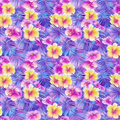 Vibrant Tropical Fusion Seamless Pattern of Colorful Hibiscus and Palm Leaves.