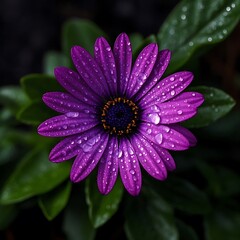 Fototapeta premium Vibrant purple daisy macro photography water droplets.