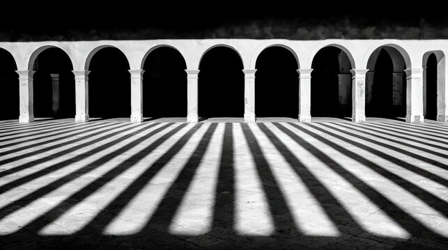 A black and white photo of a courtyard with a series of arches and columns.