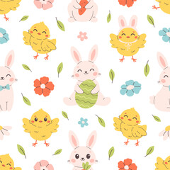 Cute Easter seamless pattern. Printing on textiles, wallpaper, wrapping paper. Vector illustration in flat style