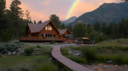 Fototapeta premium Picturesque log cabin retreat nestled amidst nature's serene embrace under a vibrant rainbow