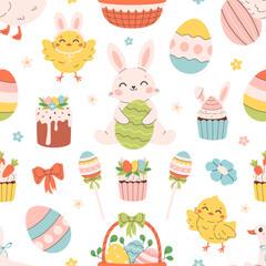 Cute Easter seamless pattern. Printing on textiles, wallpaper, wrapping paper. Vector illustration in flat style