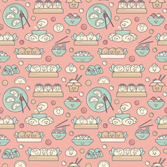 Seamless background with Chinese traditional food in kawaii style. Zongzi, show mein, meatballs, tngyuan, mapo tofu, fried rice dim sum mantou