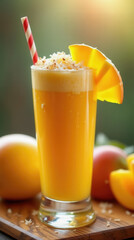 A colorful smoothie blends fresh tropical flavors, served in a tall glass with a decorative straw. Fresh fruits like mango and coconut are displayed nearby, creating a refreshing vibe