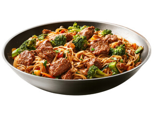 Fototapeta premium A delicious bowl of steaming noodles topped with tender meat and fresh herbs ready to be enjoyed isolated on a white background.