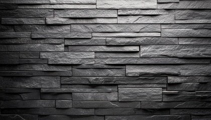 A textured wall made of rectangular slate stones arranged in a modern, minimalist style, creating a dark and elegant appearance.