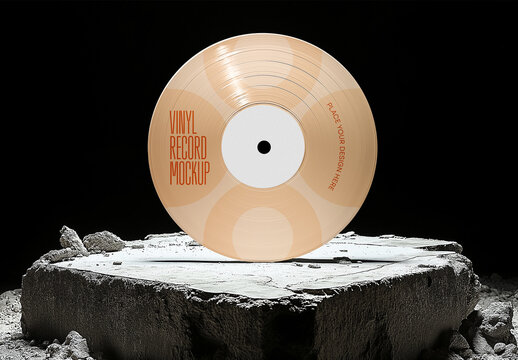 High-Impact Vinyl Record Mockup Displayed on Concrete Pedestal &mdash; Dramatic Lighting for Music-Themed Presentations