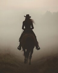 Cowgirl silhouette riding a horse into the misty landscape with dramatic fog and western atmosphere
