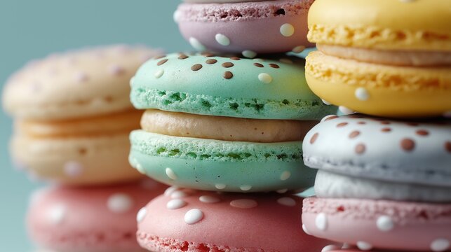 Stack of colorful macarons. there are nine macaroons in total, arranged in a pyramid-like manner. the colors of the macarones are pastel, with shades of pink, yellow, green, blue, and white.