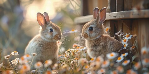 Obraz premium cute baby rabbit with mother in the field, motherhood concept easter