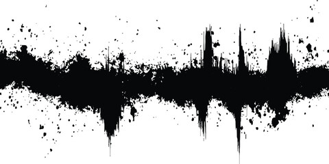 Vector black grunge soundwave with ink splatter effect white background. Black ink splatter grunge design element, transparent background, vector illustration,