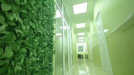 Modern, light hallway with a faux green wall