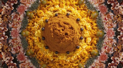 Fototapeta premium Close-up of a dish made with a mixture of spices and herbs. the dish appears to be a type of curry or curry powder, with a yellowish-orange color and a rough texture.