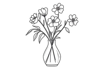 Simple line drawing of flowers in a vase.