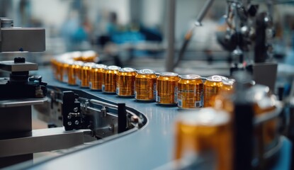 Conveyor belt with cans in a beverage factory, showcasing production efficiency and automation technology.