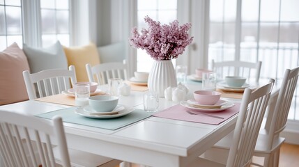Dining table set for a meal in a modern dining room. the table is white and has a vase of pink flowers in the center. there are six white chairs around the table, each with a pink placemat.