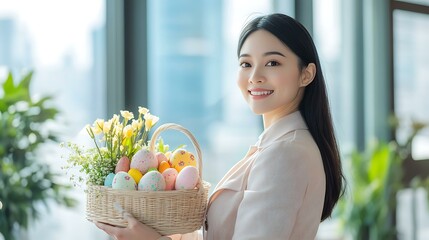 Sophisticated Asian woman with confident posture holding a decorative pastel Easter basket in a modern office space with floor-to-ceiling glass offering city views