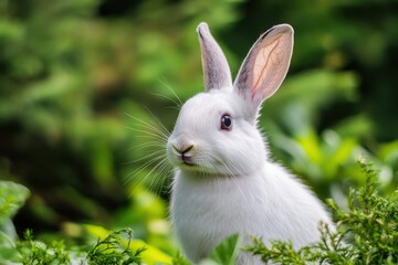 Fototapeta premium White rabbit in green foliage