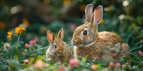 Fototapeta premium cute baby rabbit with mother in the field, motherhood concept easter
