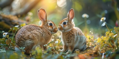 Fototapeta premium cute baby rabbit with mother in the field, motherhood concept easter
