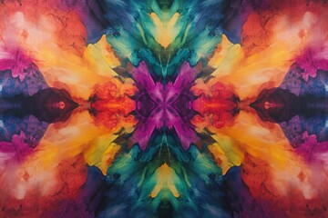 Bold symmetrical abstract painting with mirrored patterns in vibrant multicolored explosion of artistic chaos
