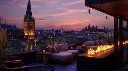 Fototapeta premium Chic European Luxury Travel Lounge with Scenic City Views at Dusk