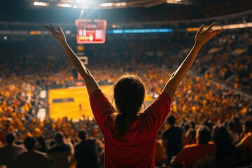 A passionate basketball fan celebrates a victory in a packed stadium, arms raised in excitement while supporters cheer. An energetic, vibrant atmosphere.