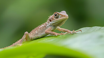 Obraz premium Closeup Of Spotted Lizard On Green Leaf