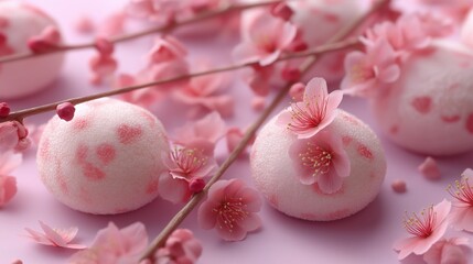Close-up of a branch with pink cherry blossom flowers. the branch is covered in small pink flowers with yellow stamens, and there are several round, pink balls scattered around it.