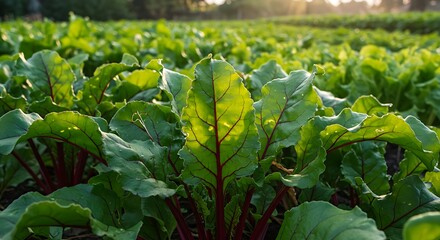 Fototapeta premium Golden Hour Beet Field: Lush Greens at Sunset AI Generated