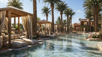 Fototapeta premium Relaxing Oasis with Luxurious Cabins by a Tranquil Pool