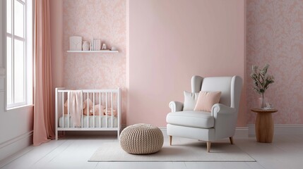 Modern nursery room with a white crib on the left side and a light pink armchair on the right side. the walls are covered in a soft pink wallpaper with a floral pattern.