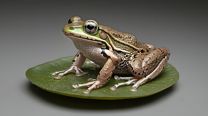Obraz premium Green And Brown Frog Perched On A Water Lily Pad