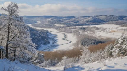 Winter landscape, snow-covered river valley, panoramic view,  sunlit, frozen river