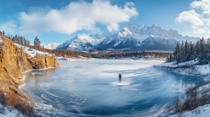 Frozen lake, hiker on ice, mountain backdrop, winter wonderland