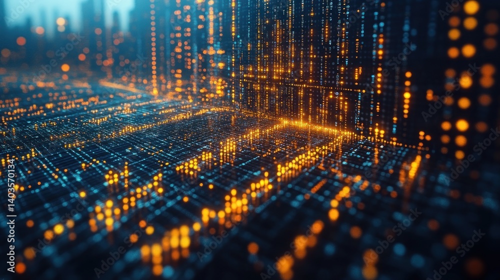 Poster digital cityscape: a mesmerizing abstract visualization of a futuristic city built from data streams