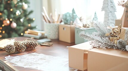 Christmas gift wrapping supplies on a table, decorated tree in background