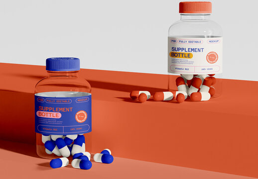 Supplement Bottle Mockup with Spilled Capsules