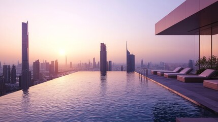 Fototapeta premium Stunning Rooftop Infinity Pool at Sunset Over City Skyline View