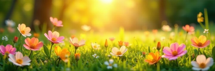 Golden sunlight bathes handmade paper flowers scattered across a tranquil meadow , floral design, green