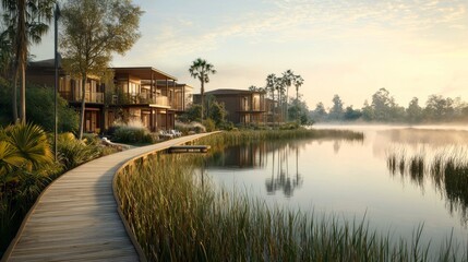 Obraz premium Scenic Luxury Boardwalk by Water with Beautiful Resort Cabins